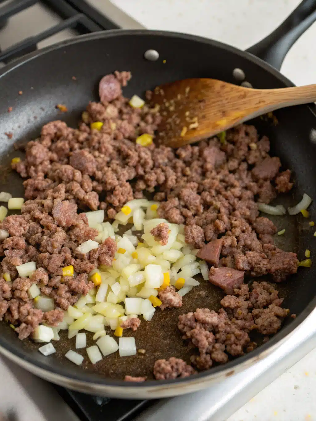 Simmering ground beef with tomato sauce and seasonings in a skillet