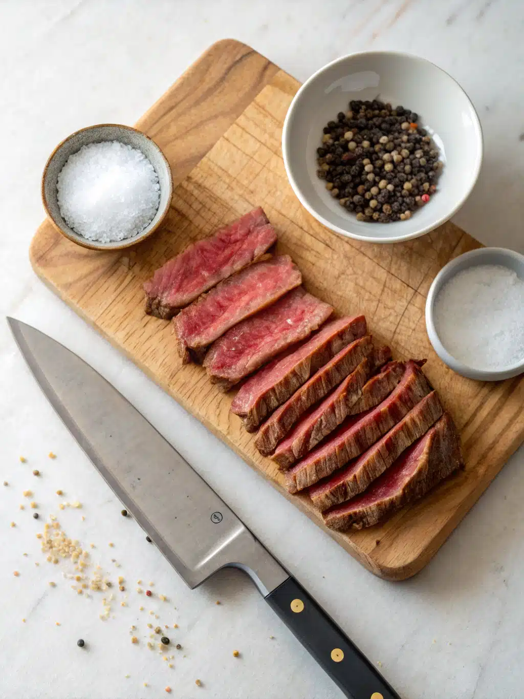 Cooking steak for pasta Searing flank steak slices in a skillet for BBQ pasta