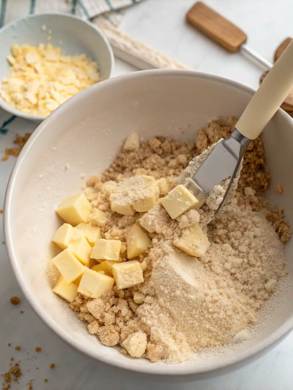 Mixing dry ingredients for buttery biscuits in a bowl