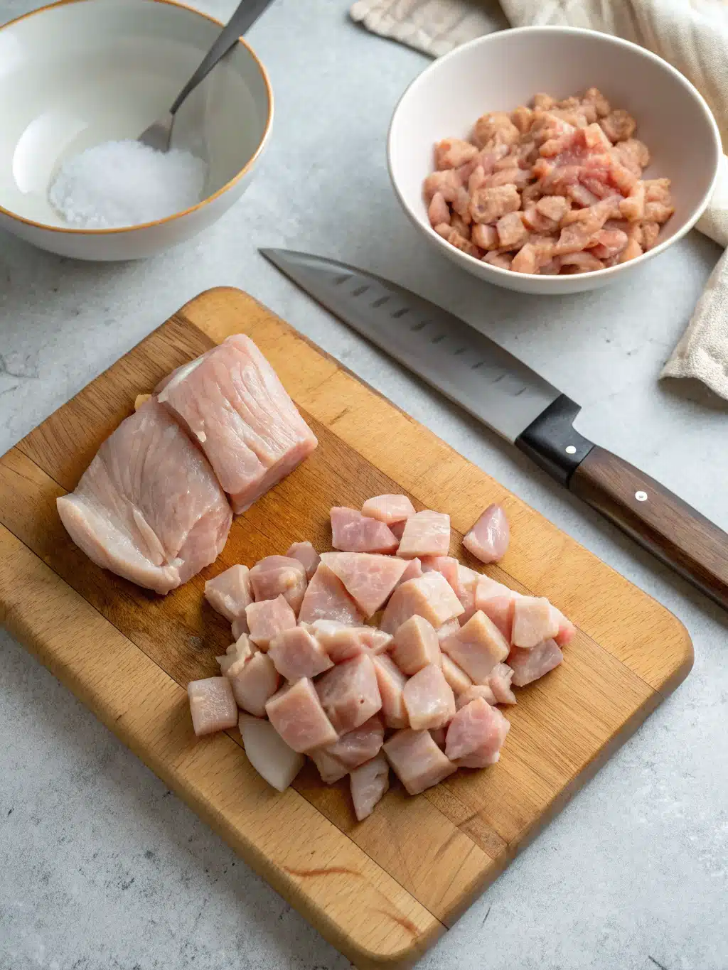 Marinating chicken for souvlaki recipe in a glass bowl