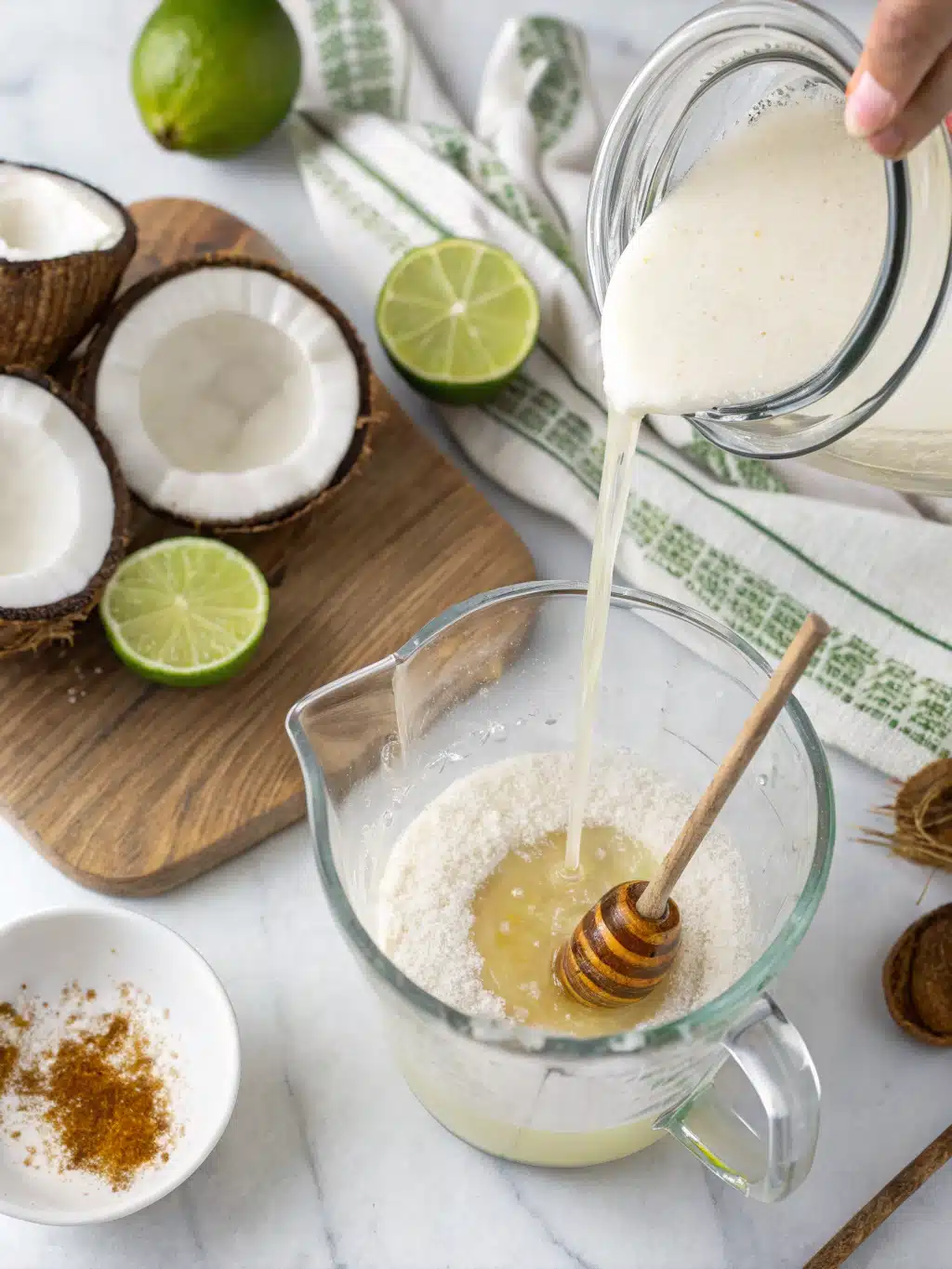 Mixing lime juice and honey into coconut water for a refreshing drink