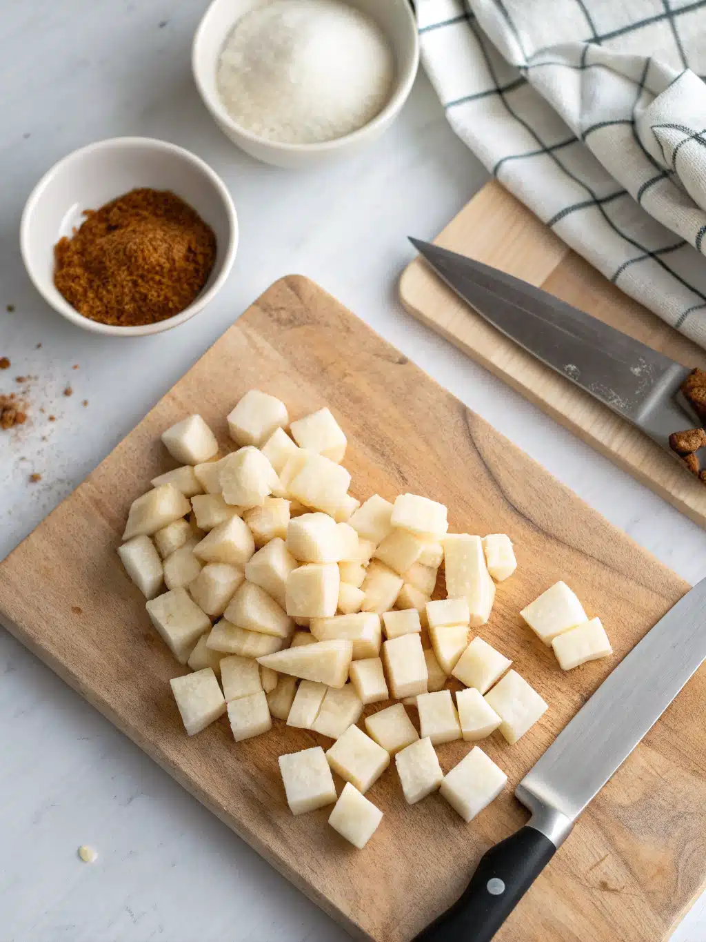 Seasoned jicama cubes in a bowl for cooked jicama recipe