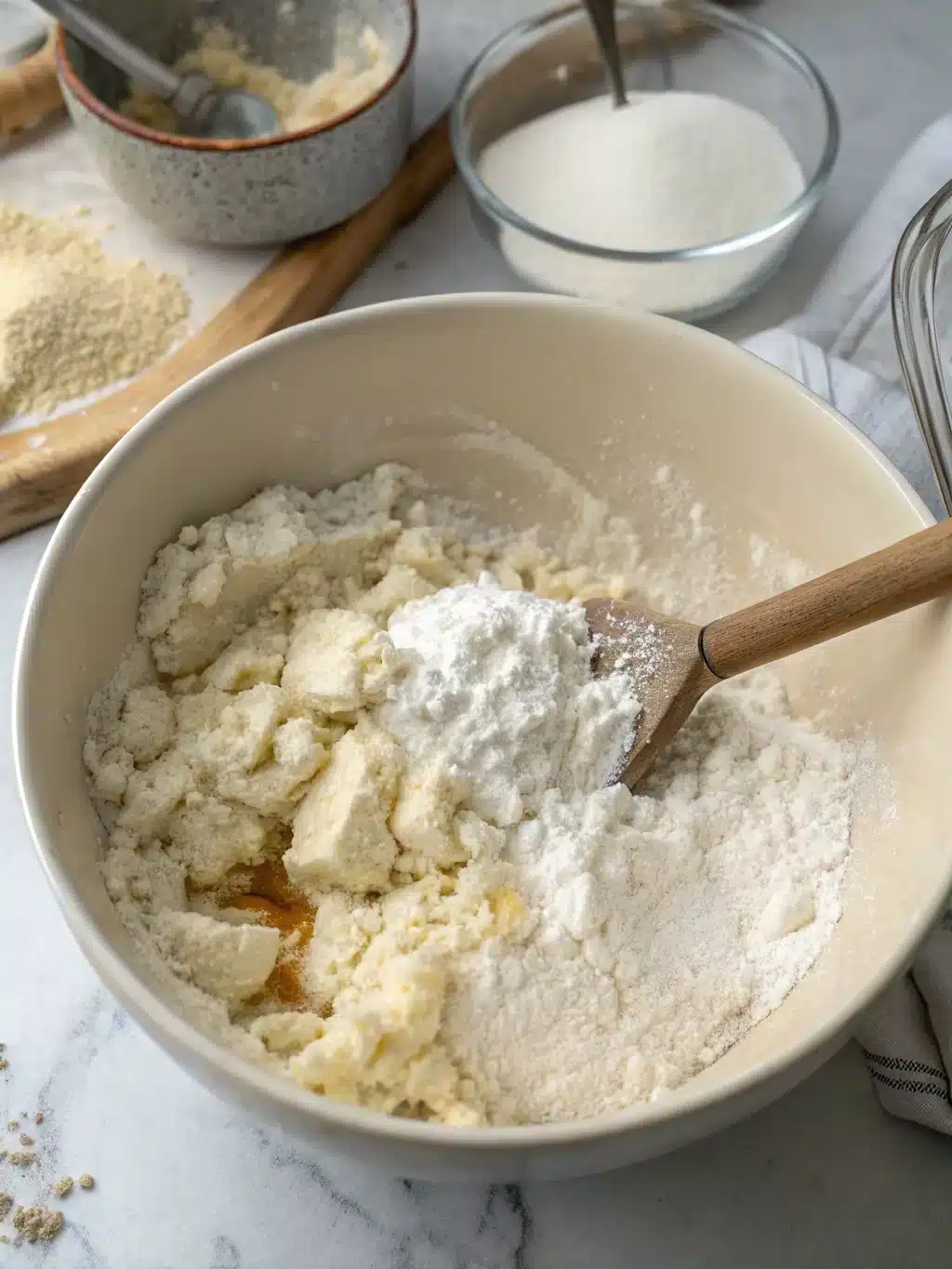 Hands mixing cottage cheese and flour into a sticky dough in a ceramic bowl