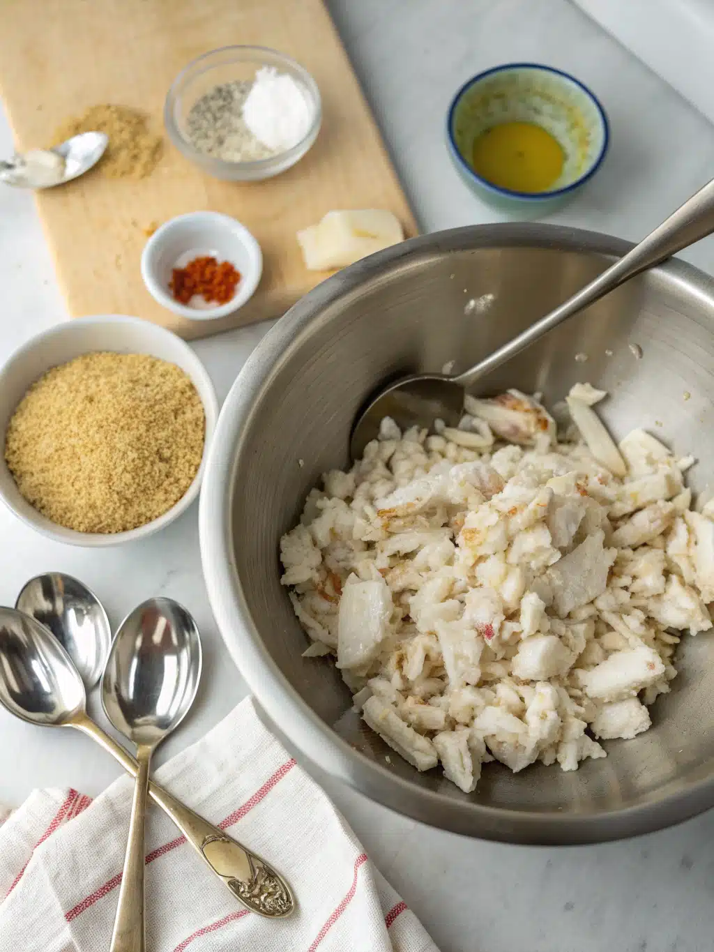 Hands shaping crab mixture into round balls for crab bombs recipe