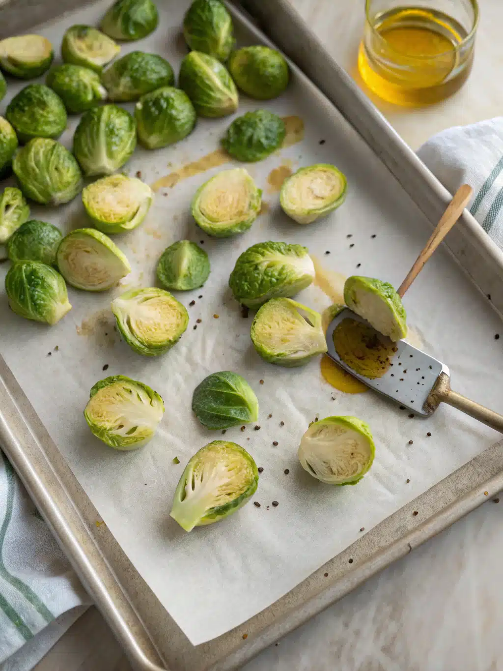 Brussels sprouts tossed with oil and spices for healthy Thanksgiving sides