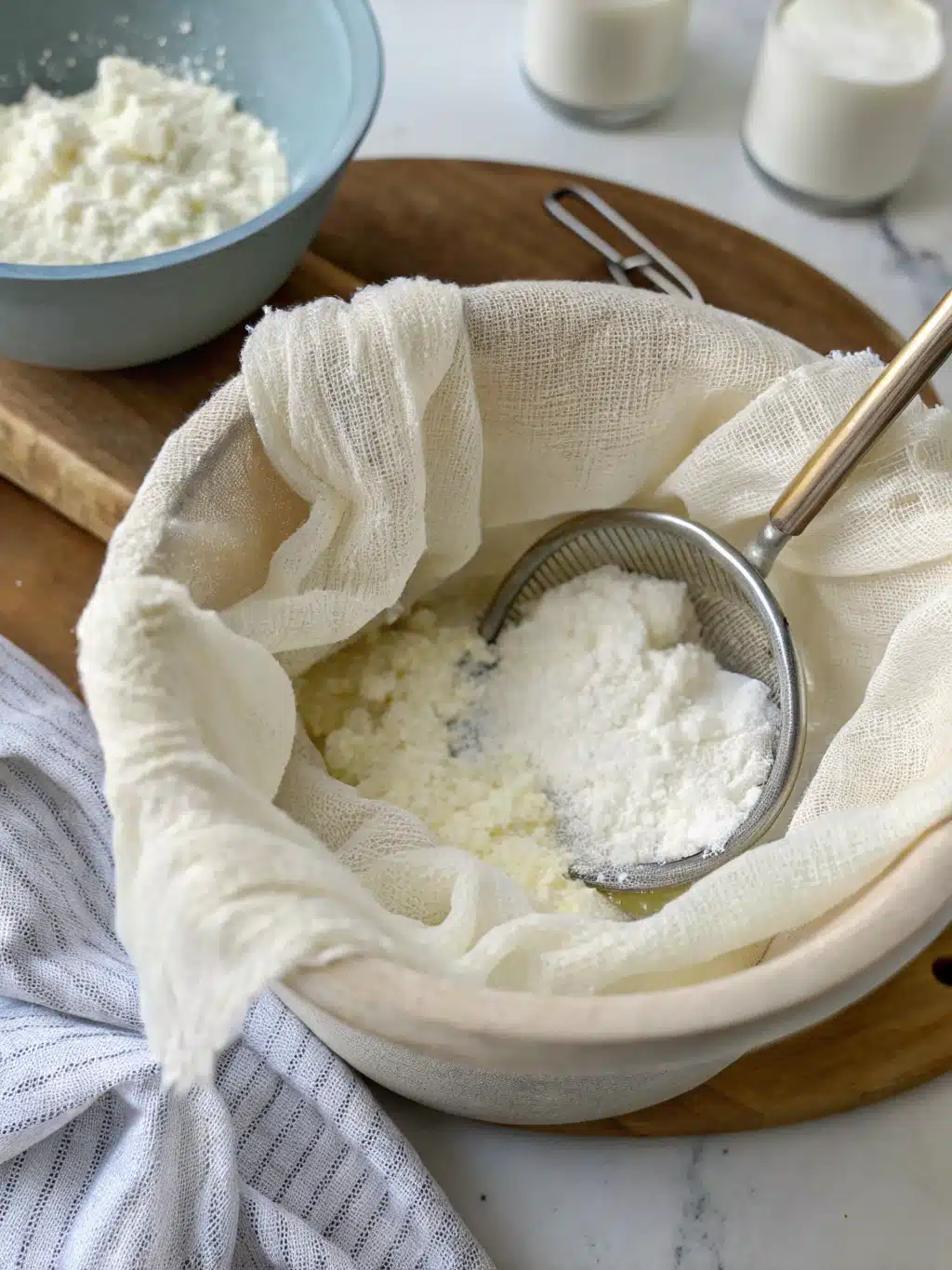 Straining yogurt through cheesecloth to make labneh cheese