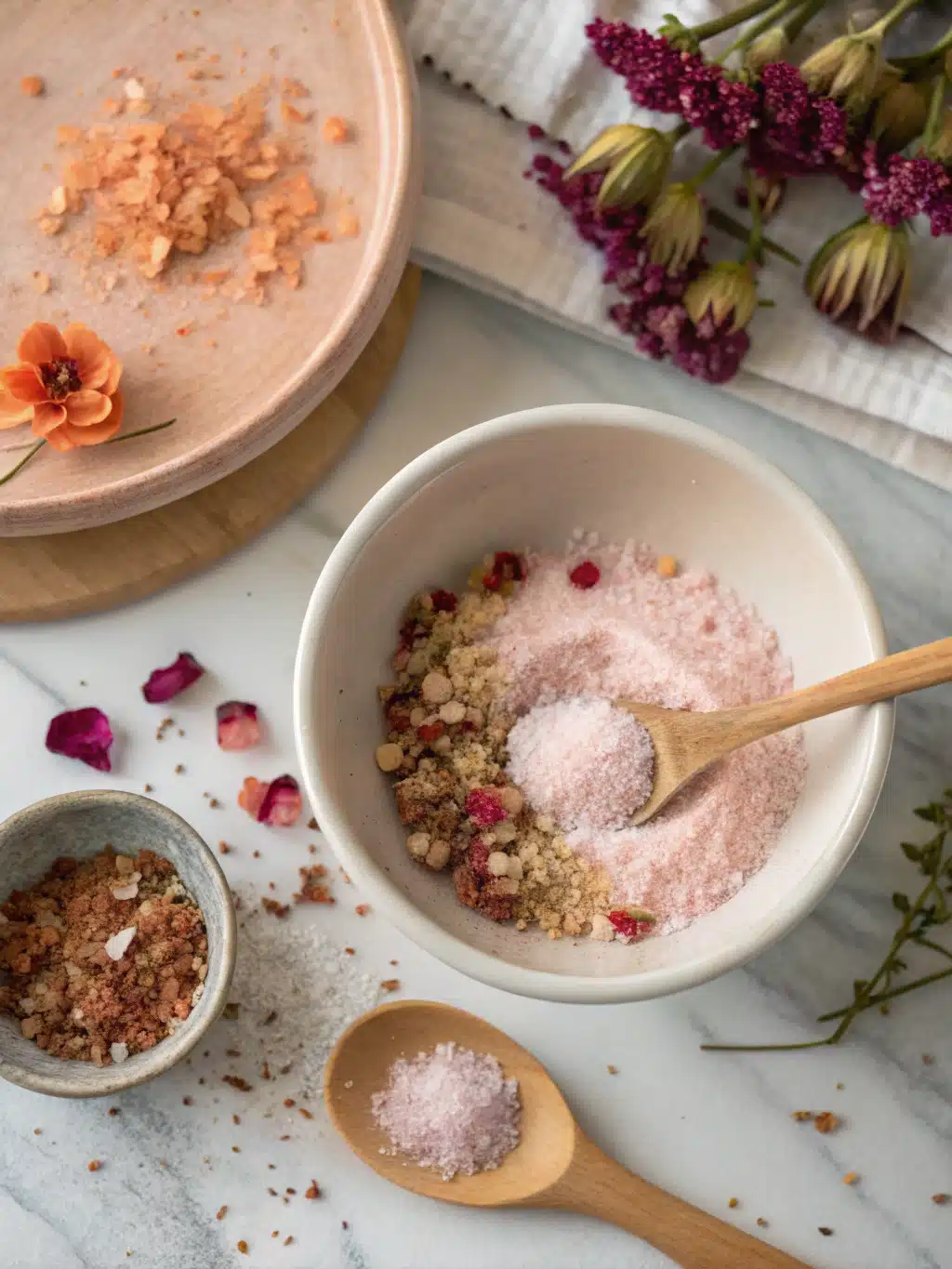 Mixing mounjaro pink salt with dried flowers in a bowl