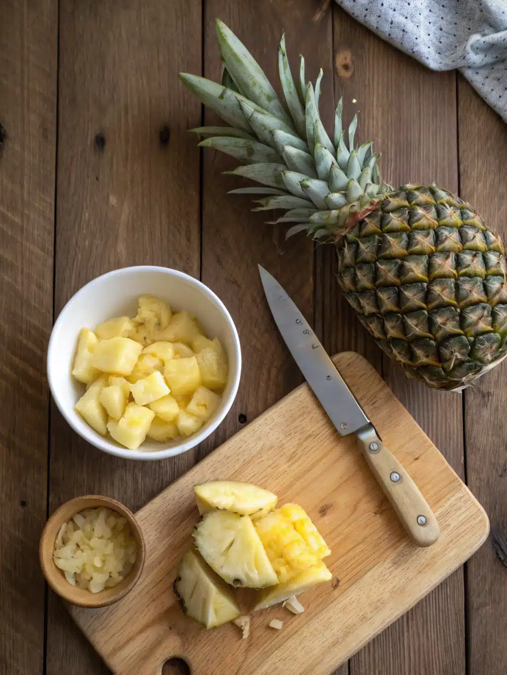 Mixing dry ingredients for pineapple cake recipe in a ceramic bowl