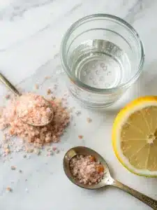 Refreshing pink salt drink with Himalayan pink salt, lemon, and honey—a hydrating blend served chilled for a revitalizing boost.