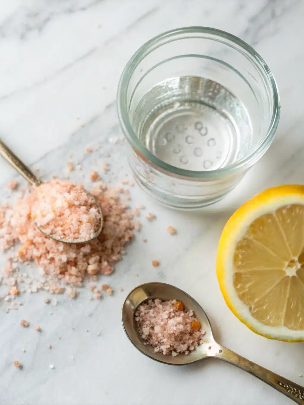 Mixing lemon juice and honey into pink salt water