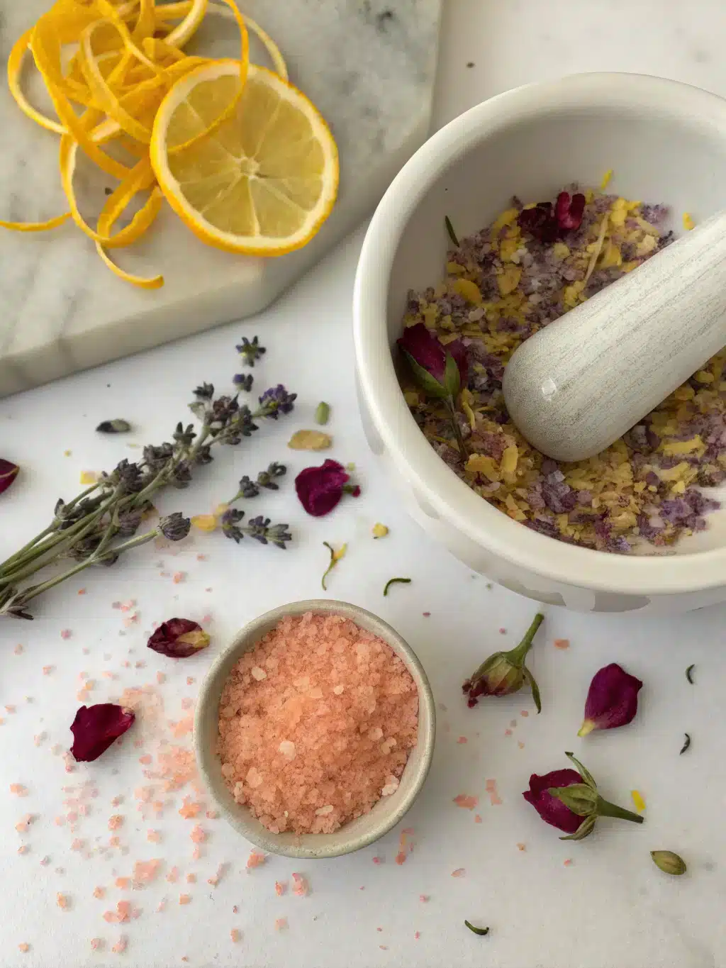 Crushing herbs for pink salt recipe to enhance flavor