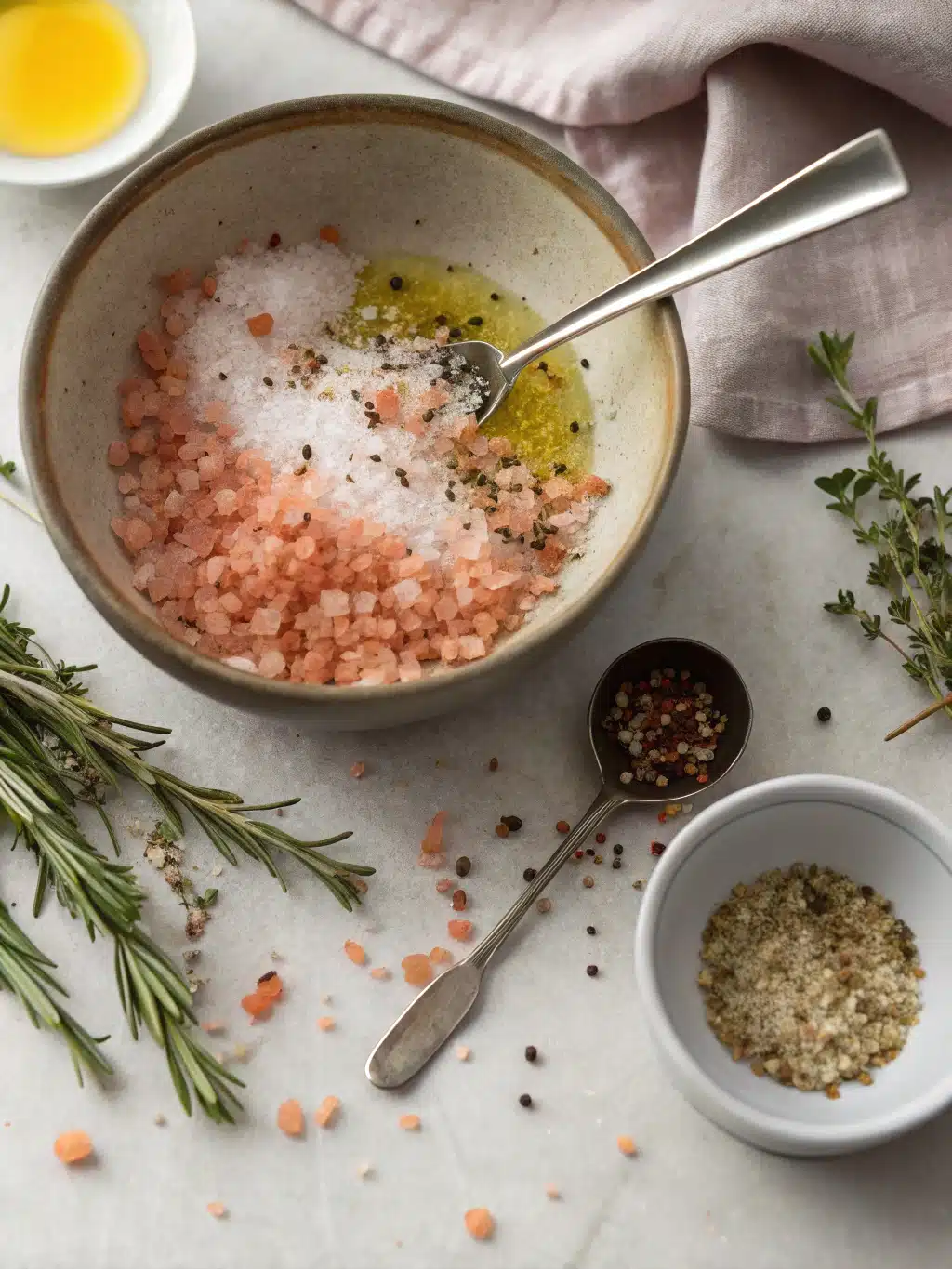 Heating olive oil with spices for pink salt trick recipe