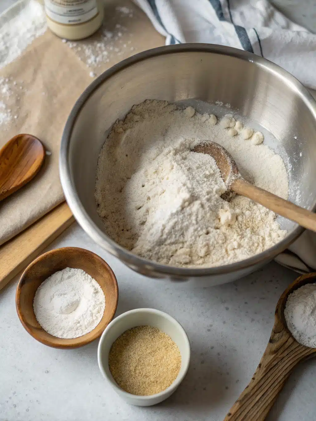 Mixing dough for high protein bagels in a ceramic bowl