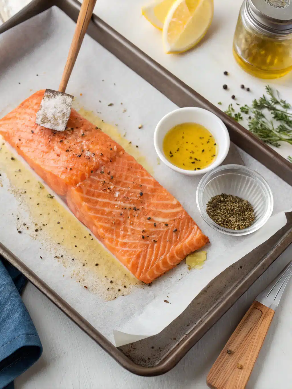 Salmon fillet seasoned and ready to roast for salmon farro bowl