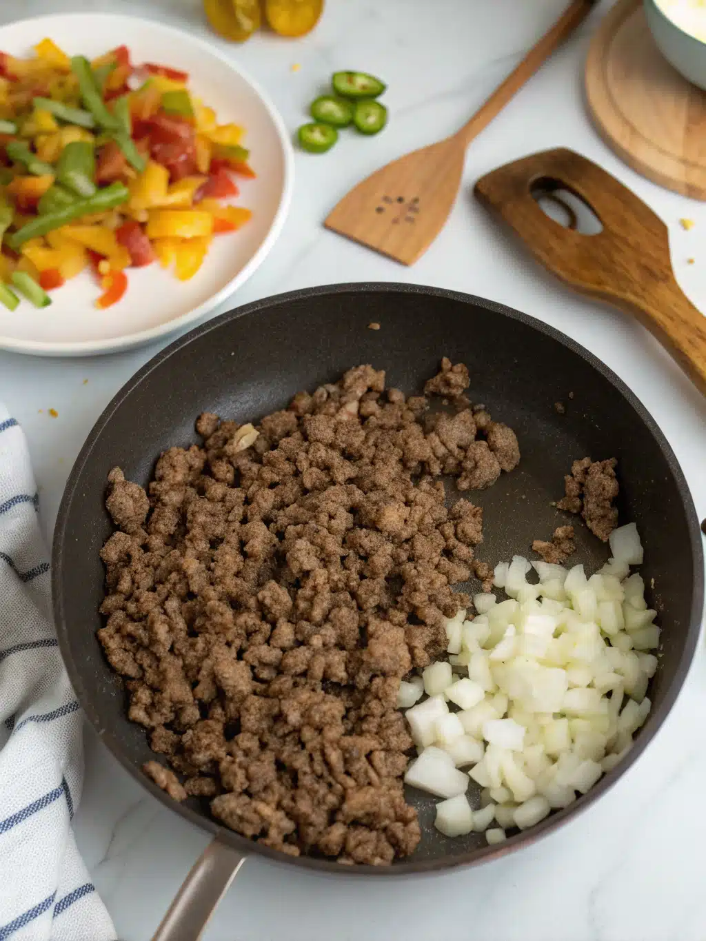 Cooking ground beef with onions and peppers for sloppy joes recipe