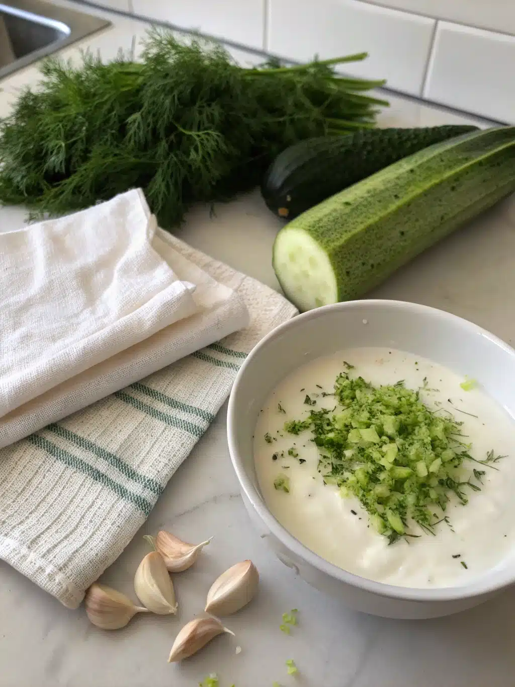 Mixing bowl with yogurt and cucumber for tzatziki sauce recipe
