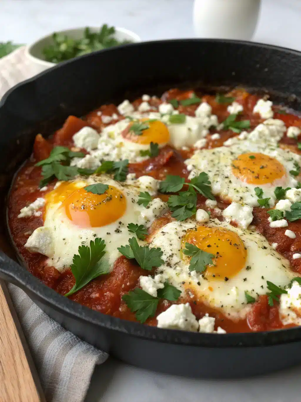 Greek tomato eggs served with pita bread and fresh salad on a rustic table