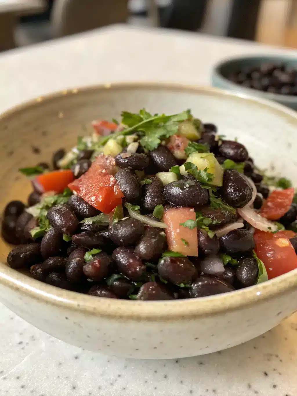 Serving suggestions for bean salad Beautifully plated Mediterranean bean salad with fresh herbs and lemon wedges
