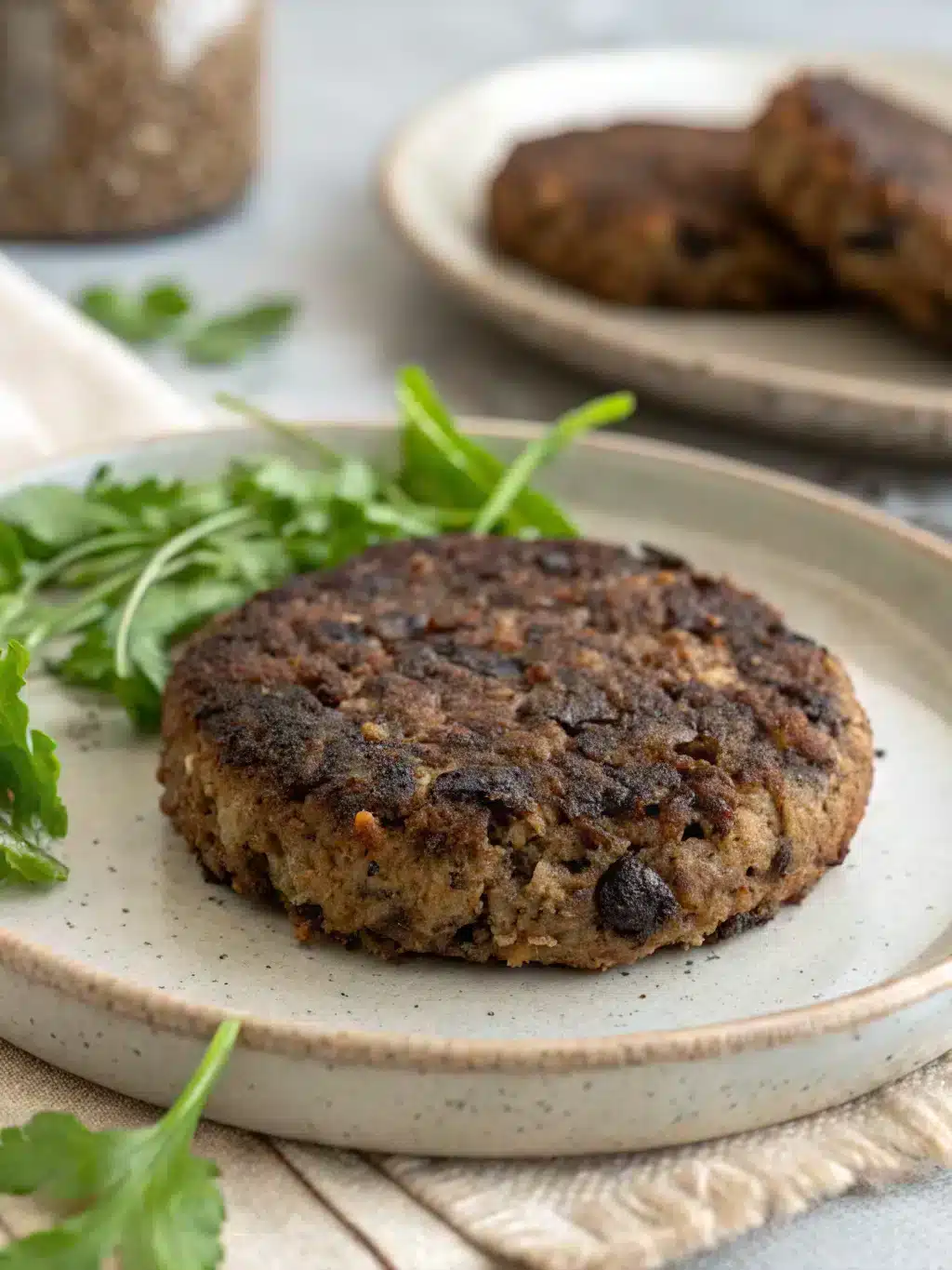 Black bean burger served with avocado and fresh veggies on a wooden board