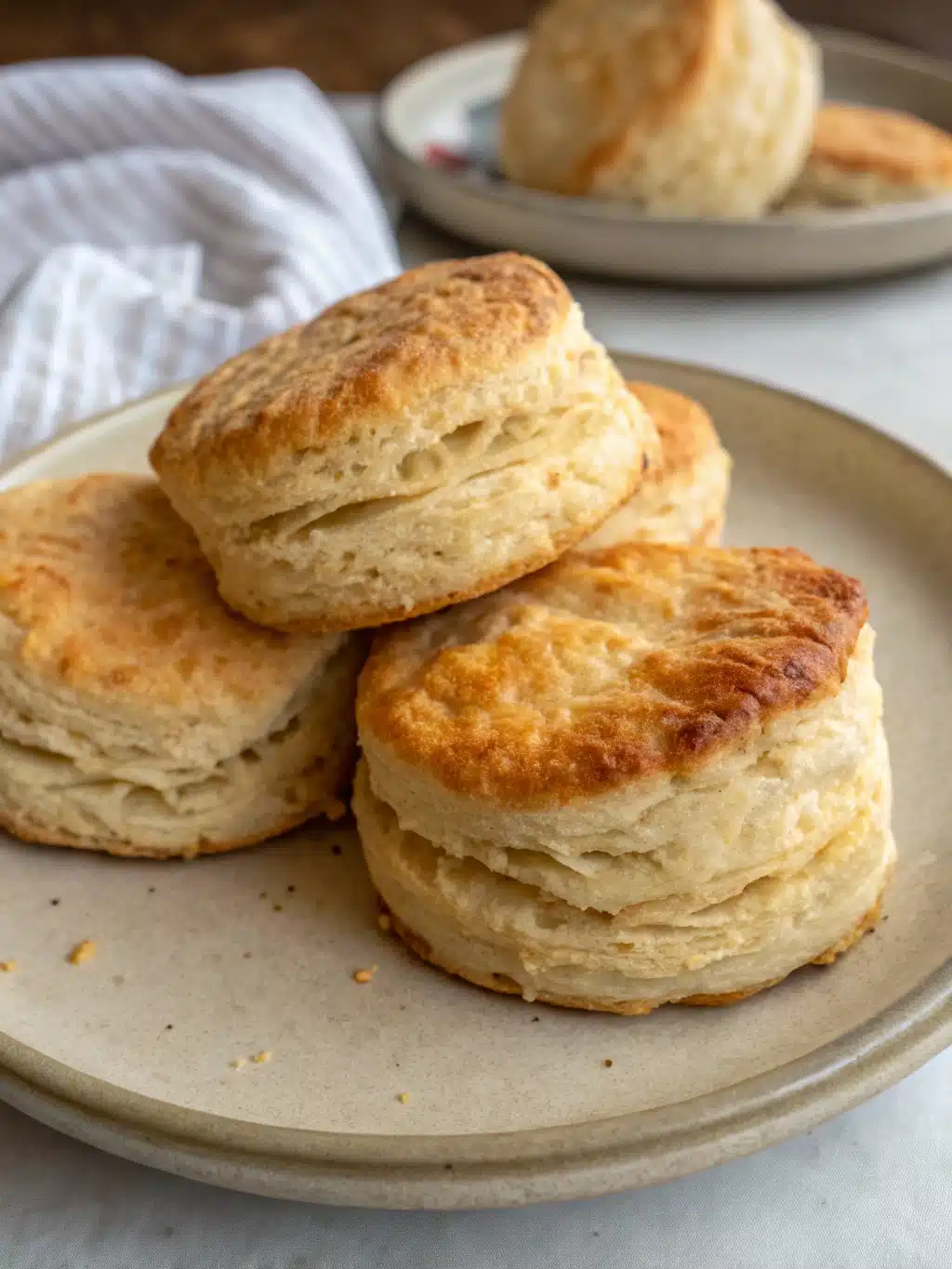 Buttery biscuits served with honey, jam, and fresh berries on a rustic table