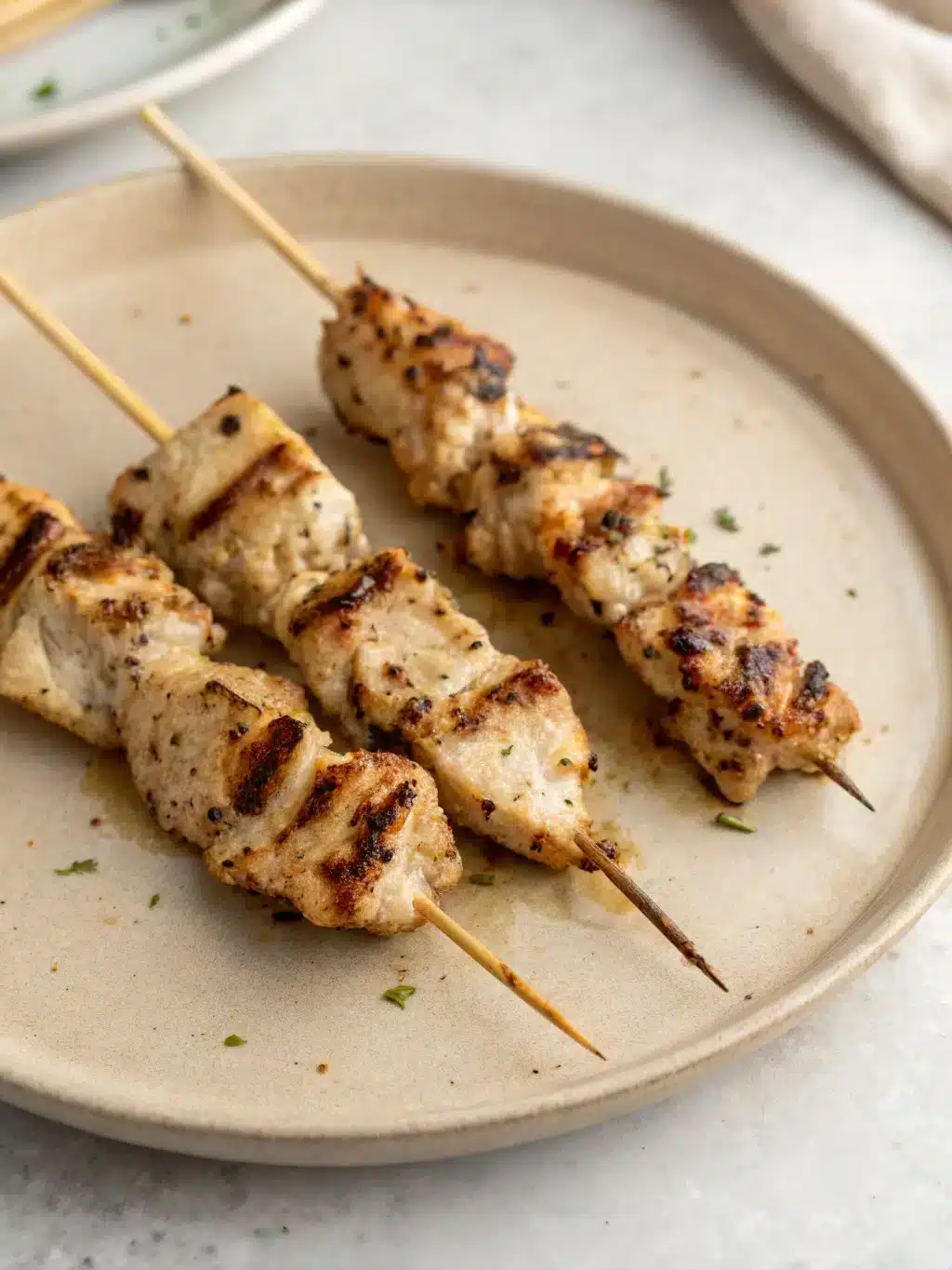 Chicken souvlaki recipe served with pita, tzatziki, and fresh vegetables
