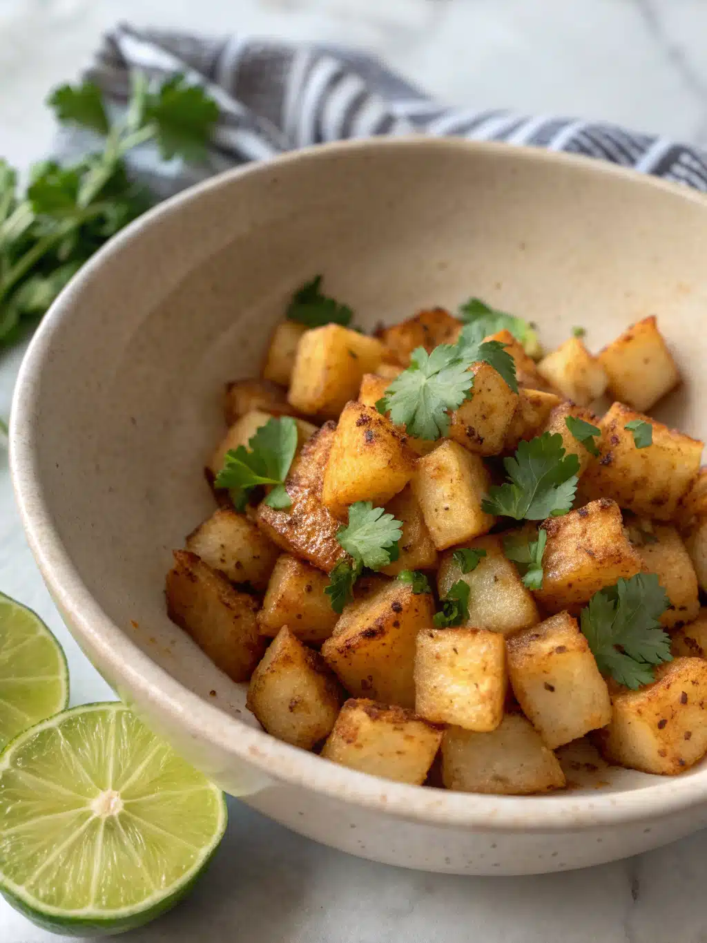 Colorful serving platter with grilled jicama skewers and fresh herbs