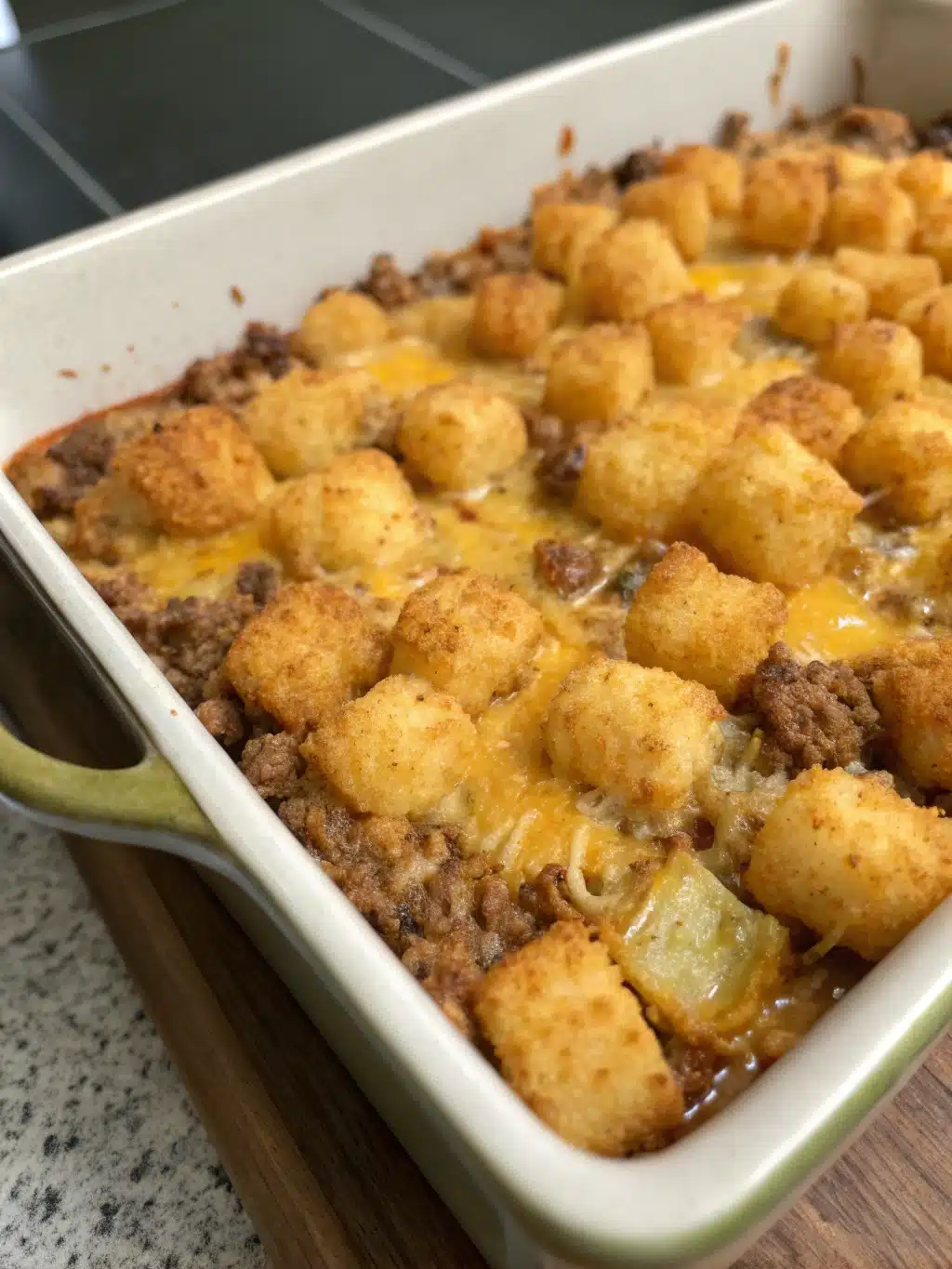 Family-style serving of cowboy casserole recipe with fresh salad and bread