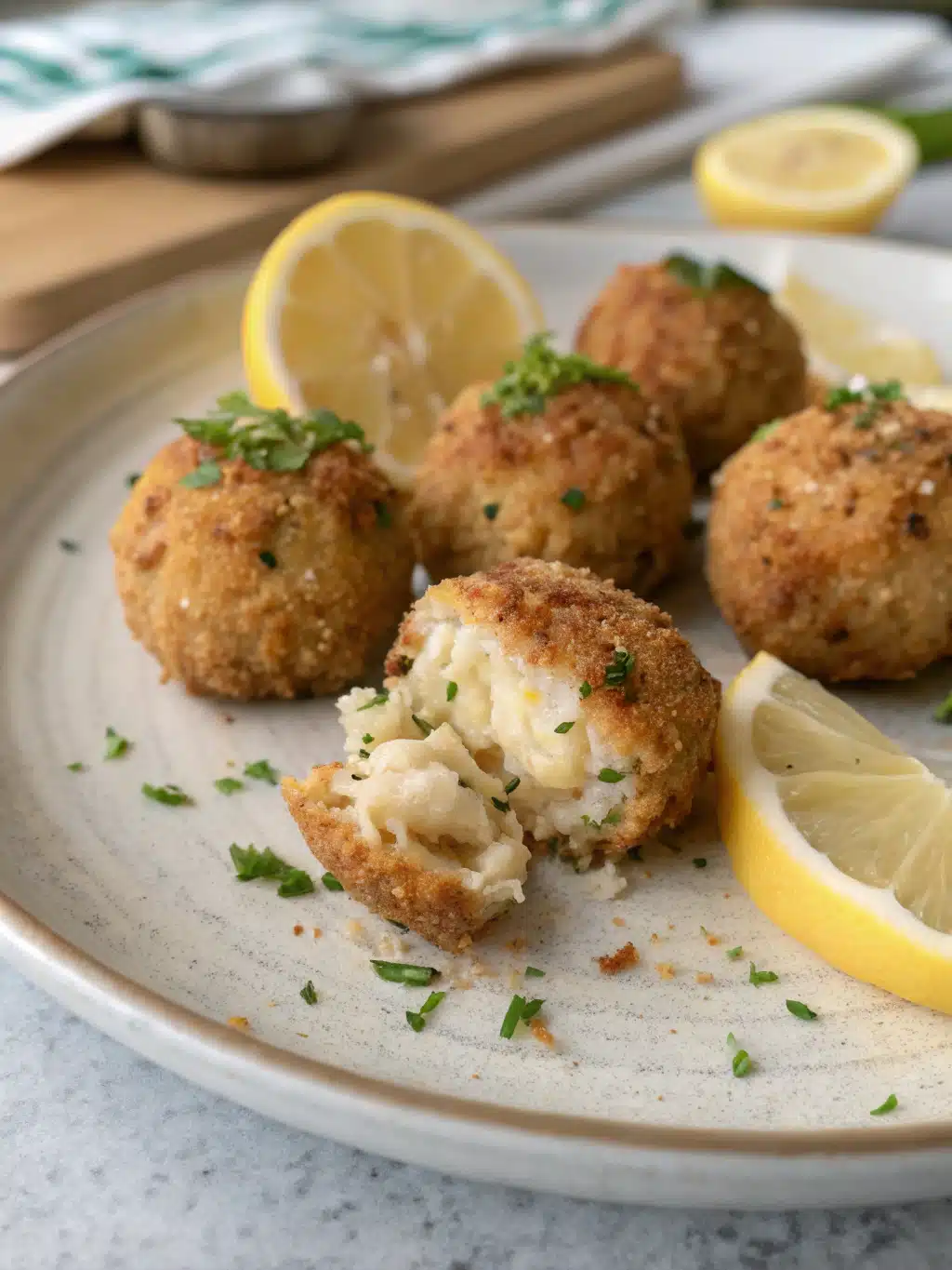 Elegant serving platter with crab bombs recipe, lemon slices, and fresh herbs
