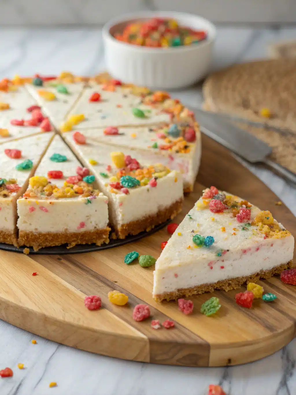 Indulge in a creamy fruity pebbles cheesecake with a graham cracker crust, topped with whipped cream and colorful cereal for a fun dessert.