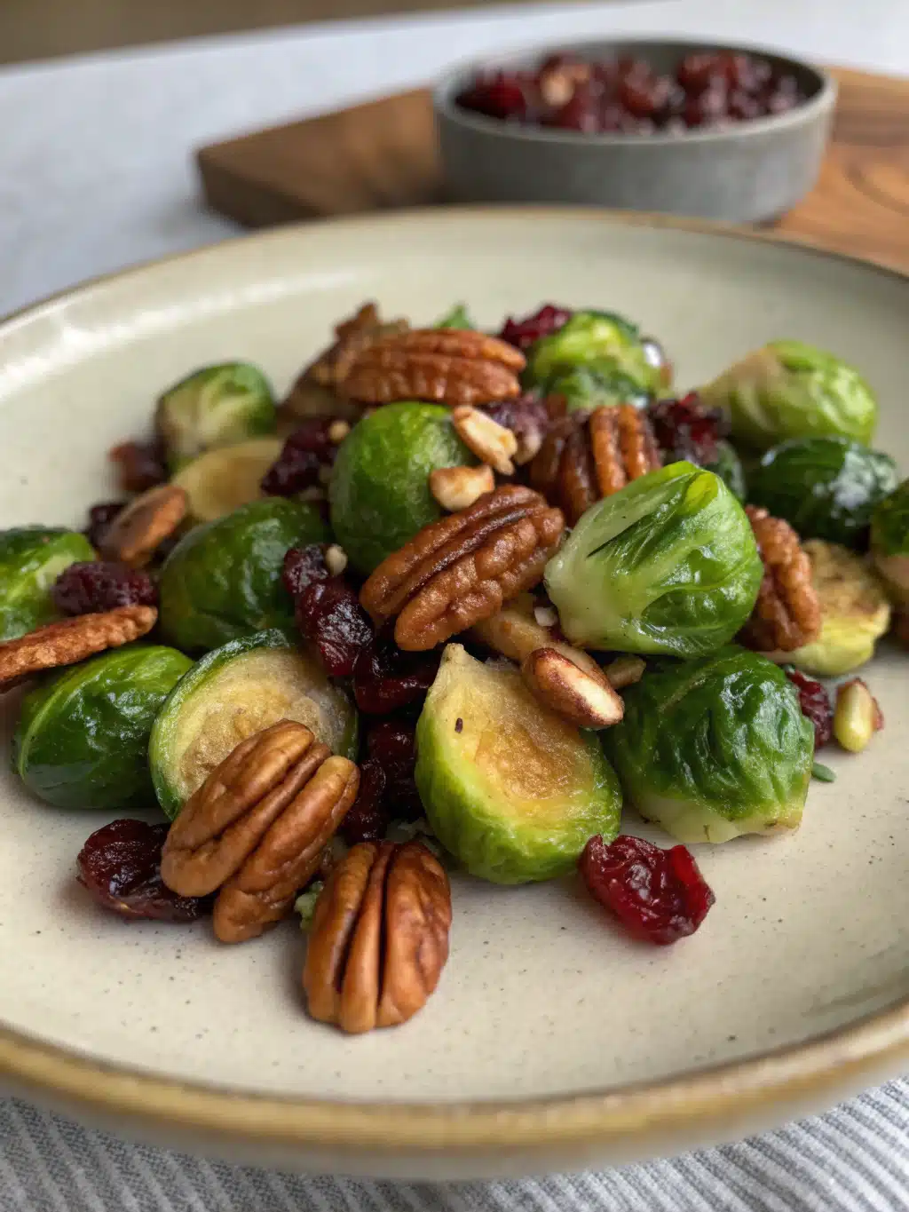 Beautifully plated healthy Thanksgiving sides with roasted Brussels sprouts and cranberry quinoa salad