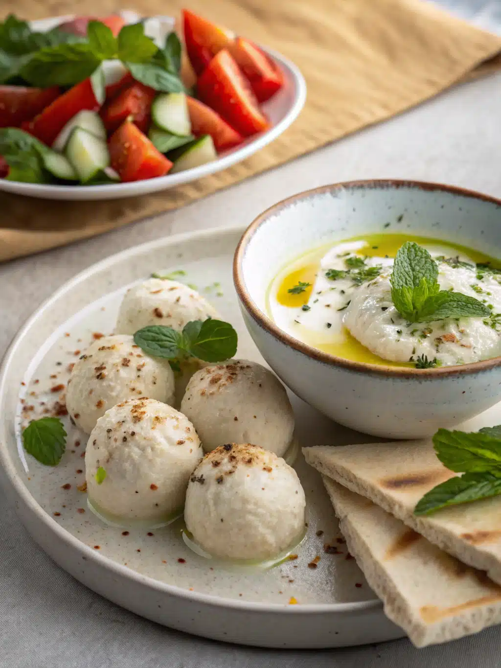 Elegant serving platter with labneh balls, fresh vegetables, and warm pita bread