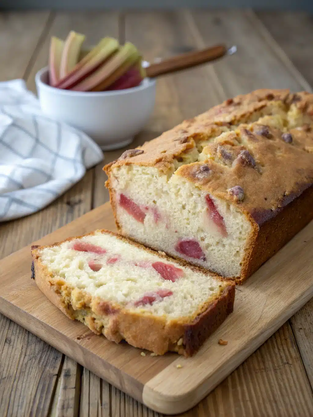 Moist lemon rhubarb loaf bursting with tangy rhubarb and zesty lemon, perfect for afternoon tea or a sweet breakfast treat.