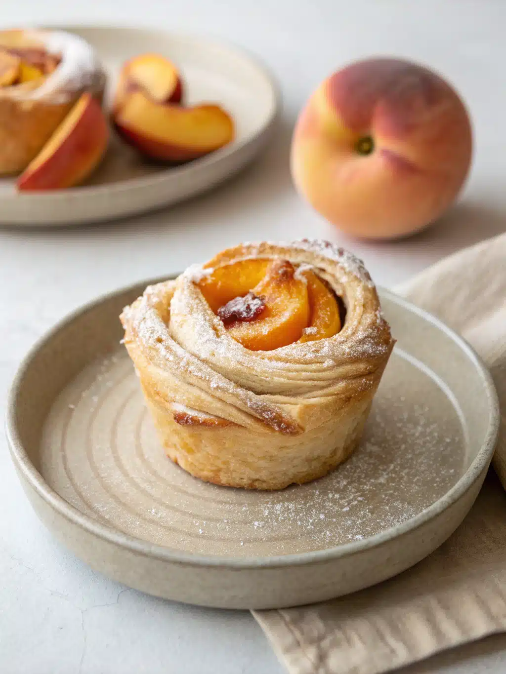 Flaky peach pie cruffins filled with spiced peach filling and drizzled with vanilla cream—perfect served warm for a sweet breakfast or dessert.