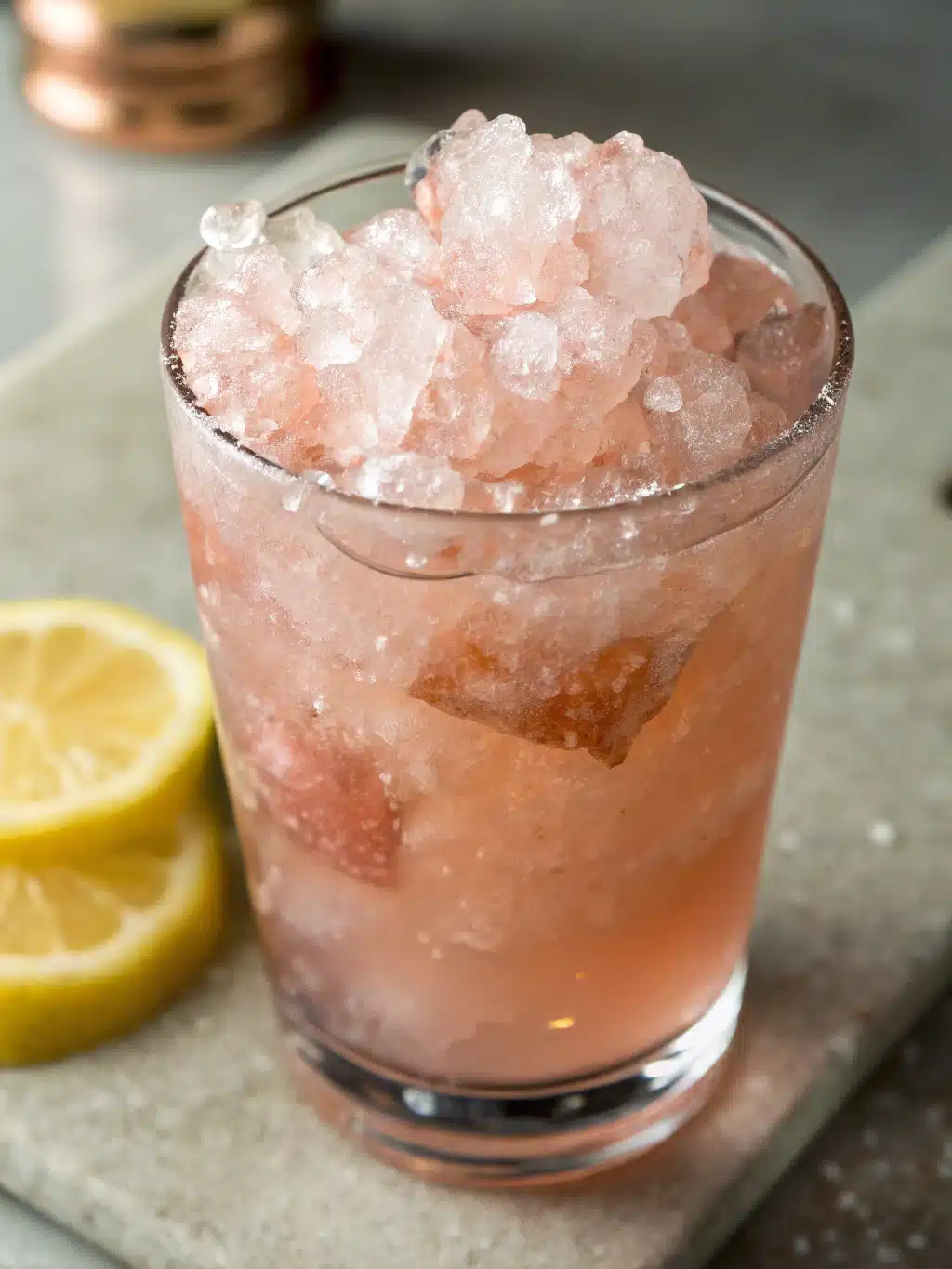 Elegant pink salt drink served in copper mugs with lemon garnish
