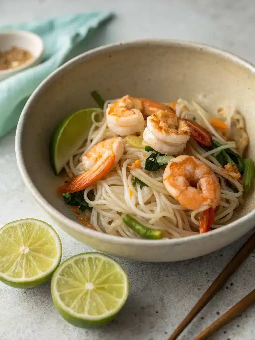 Beautifully served shrimp noodle bowl with garnishes and side dishes