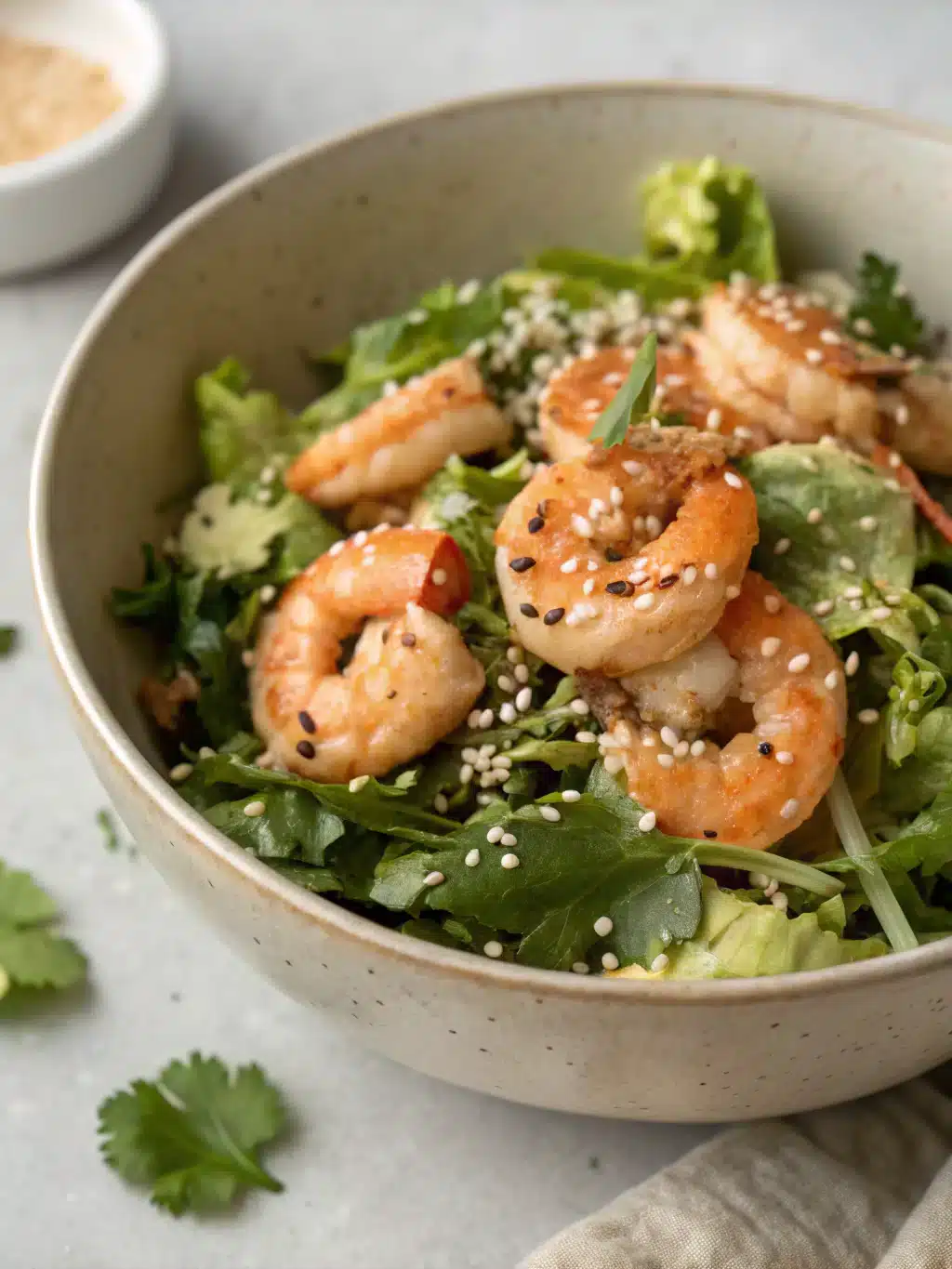 Beautifully plated shrimp sesame salad with garnishes and serving suggestions