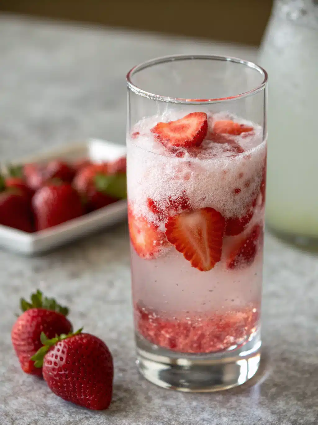 Elegant pitcher of strawberry sprite drink with floating strawberries and mint