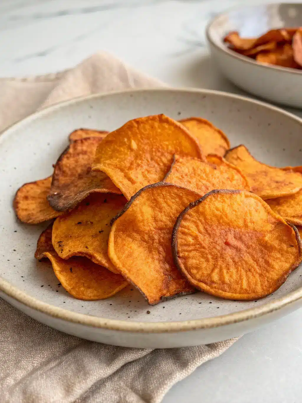 Sweet potato chips served in a rustic bowl with assorted colorful dips