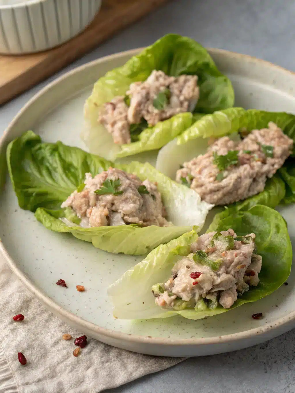 Beautifully plated tuna lettuce wraps with lemon wedges and fresh herbs
