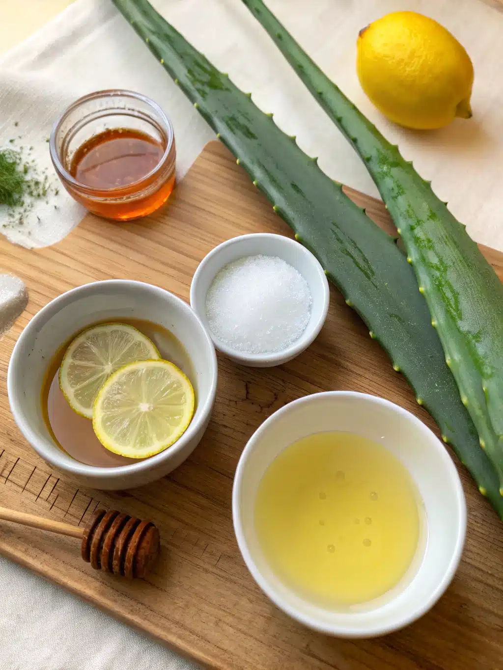 Fresh aloe vera leaf and ingredients for homemade aloe vera juice