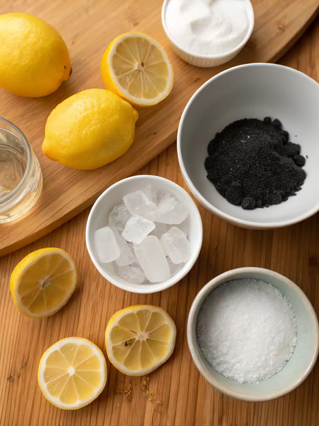 Gather ingredients for charcoal lemonade recipe Fresh lemons, sugar, and activated charcoal for homemade charcoal lemonade