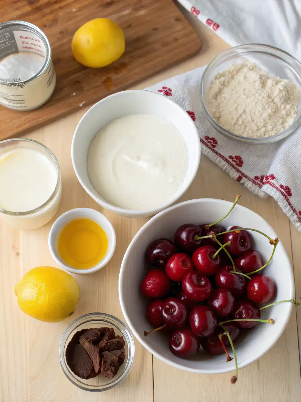 Fresh ingredients for homemade cherry ice cream including cherries, cream, and milk