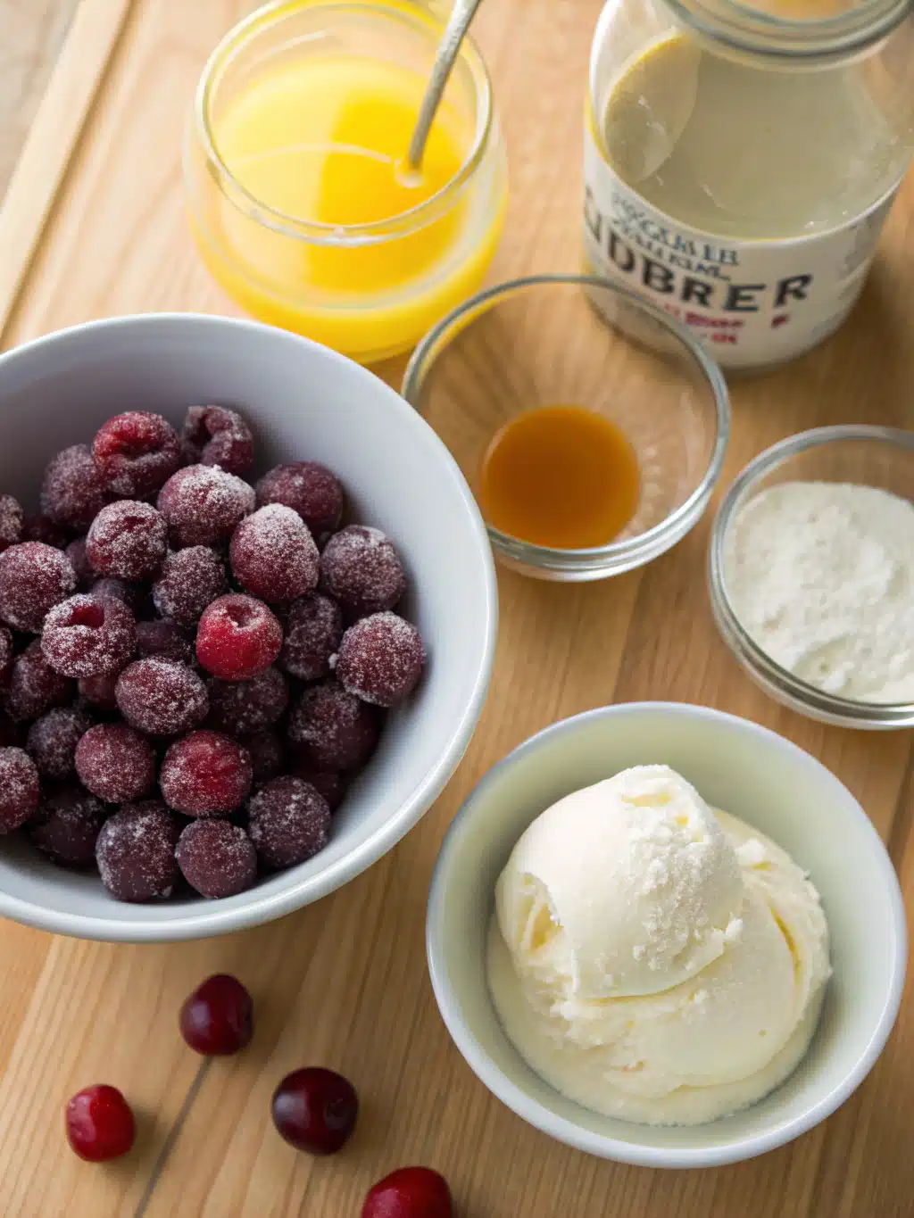 Fresh ingredients for cherry lemon milkshake arranged on a rustic table