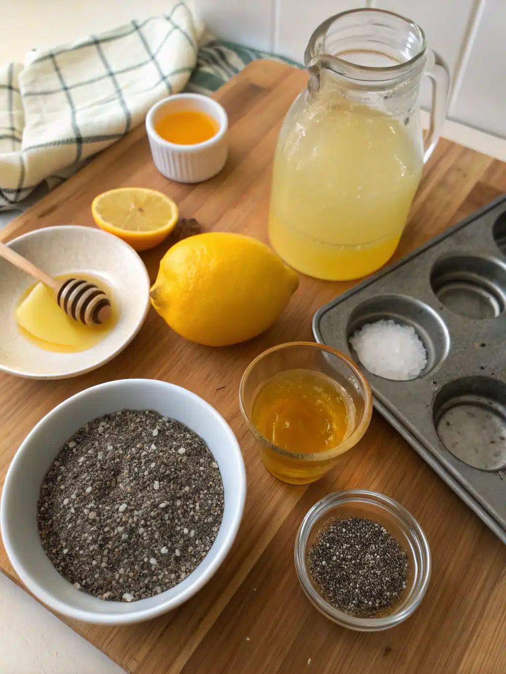 Fresh ingredients for chia citrus water including citrus fruits and chia seeds