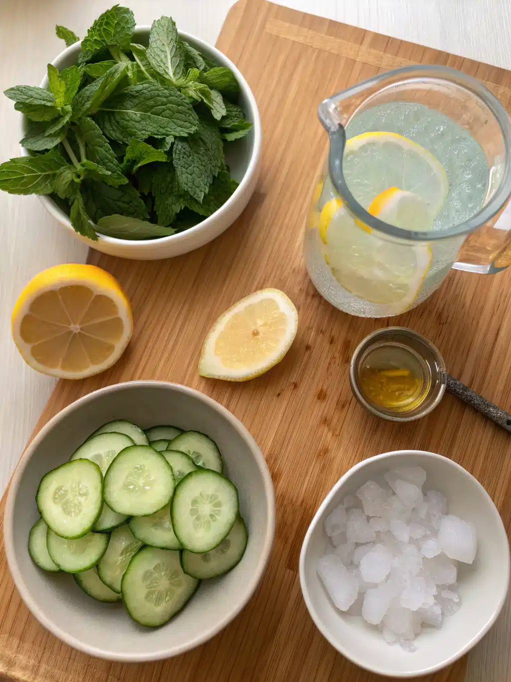 Fresh ingredients for cucumber mint water: cucumber, mint, lemon, and honey