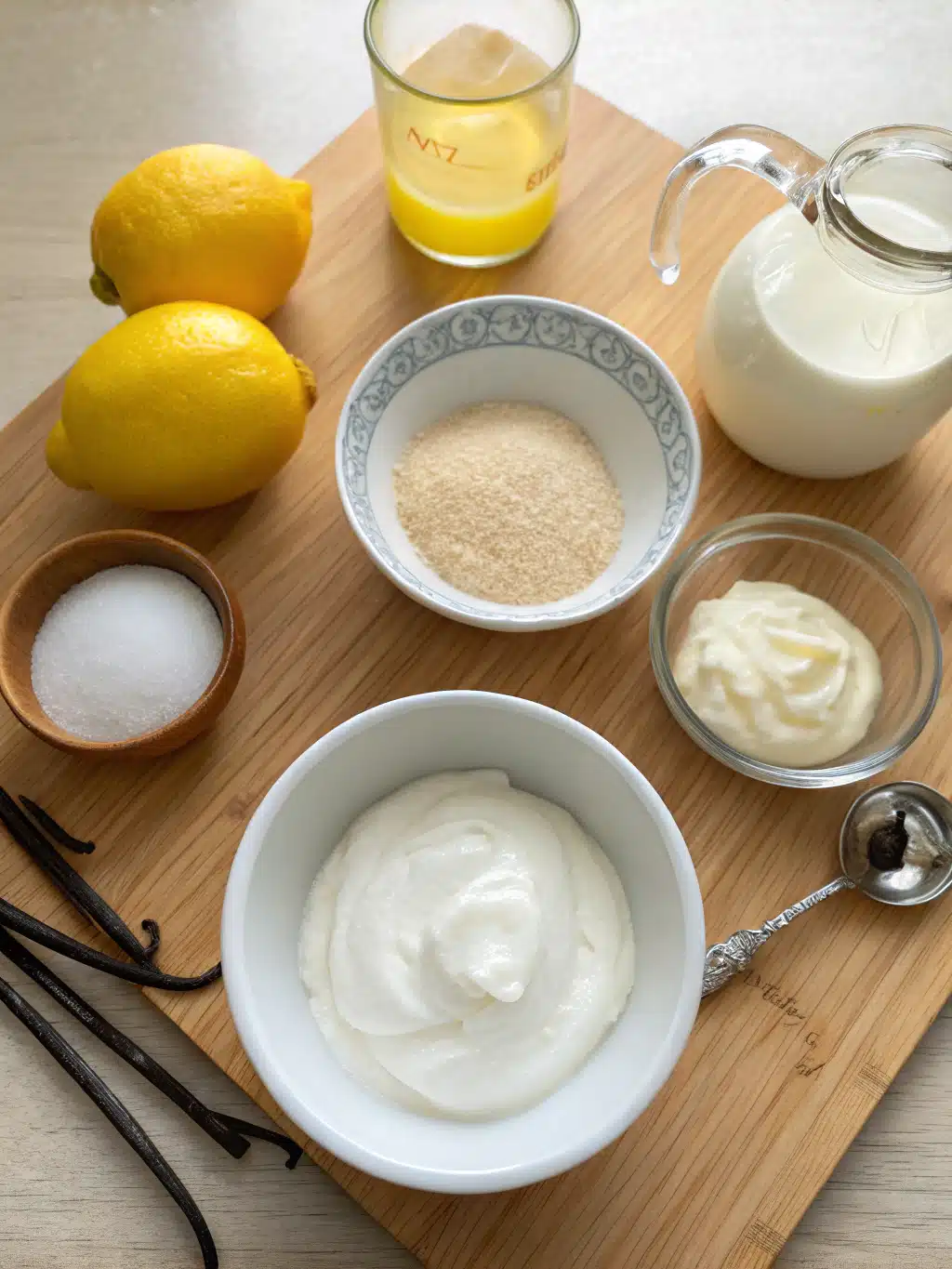 Fresh ingredients for homemade frozen yogurt laid out on a rustic table