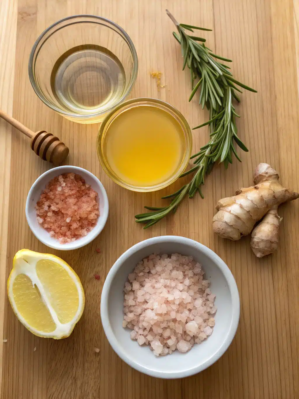 Ingredients for Himalayan salt recipe including pink salt, honey, lemon, and rosemary