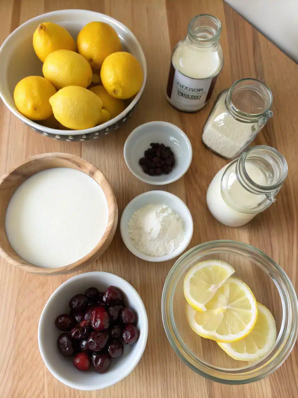 Fresh ingredients for homemade lemon cherry ice cream