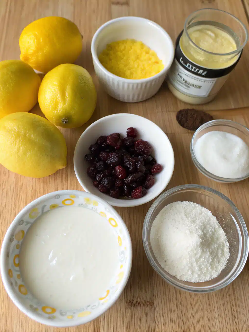 Fresh ingredients for homemade lemon cherry sherbet on a rustic table