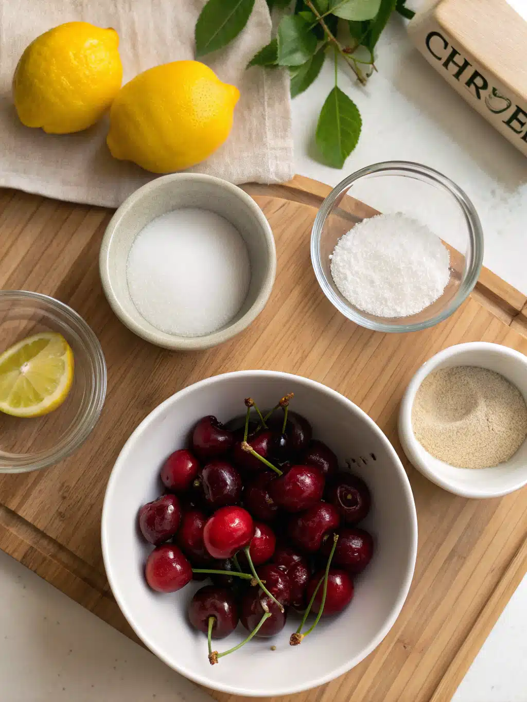 Fresh cherries, lemons, sugar, and vanilla arranged for lemon cherry sorbet